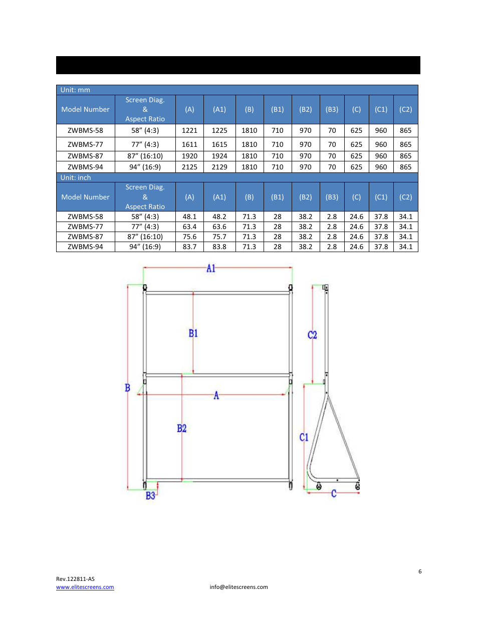 Portable mobile stand dimension table | Elite Screens Portable Mobile Stand User Manual | Page 6 / 8