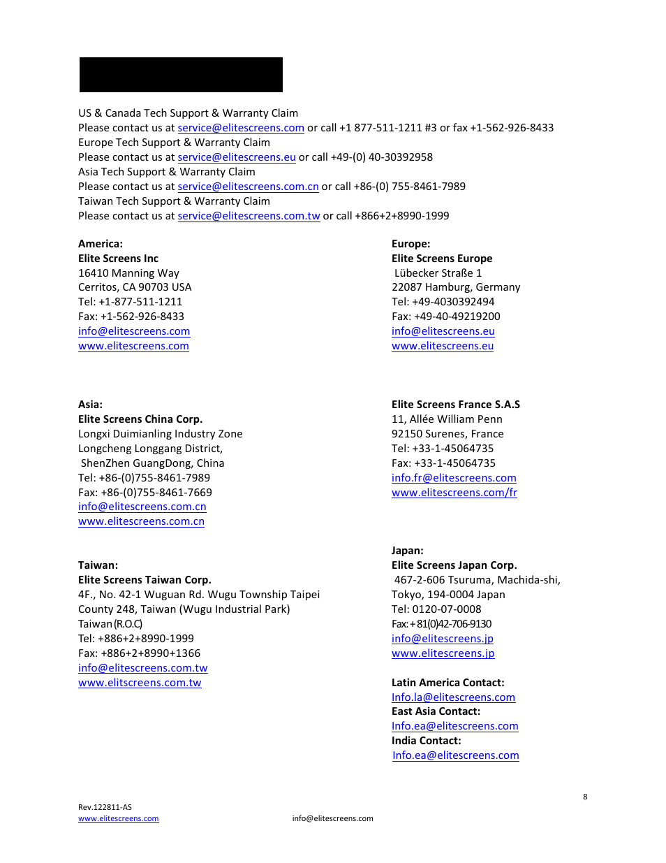 Contact info | Elite Screens Portable Mobile Stand User Manual | Page 8 / 8