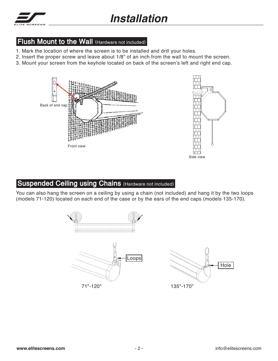 Ug_manual_p02, Installation, Flush mount to the wall | Suspended ceiling using chains | Elite Screens 71120 User Manual | Page 2 / 8