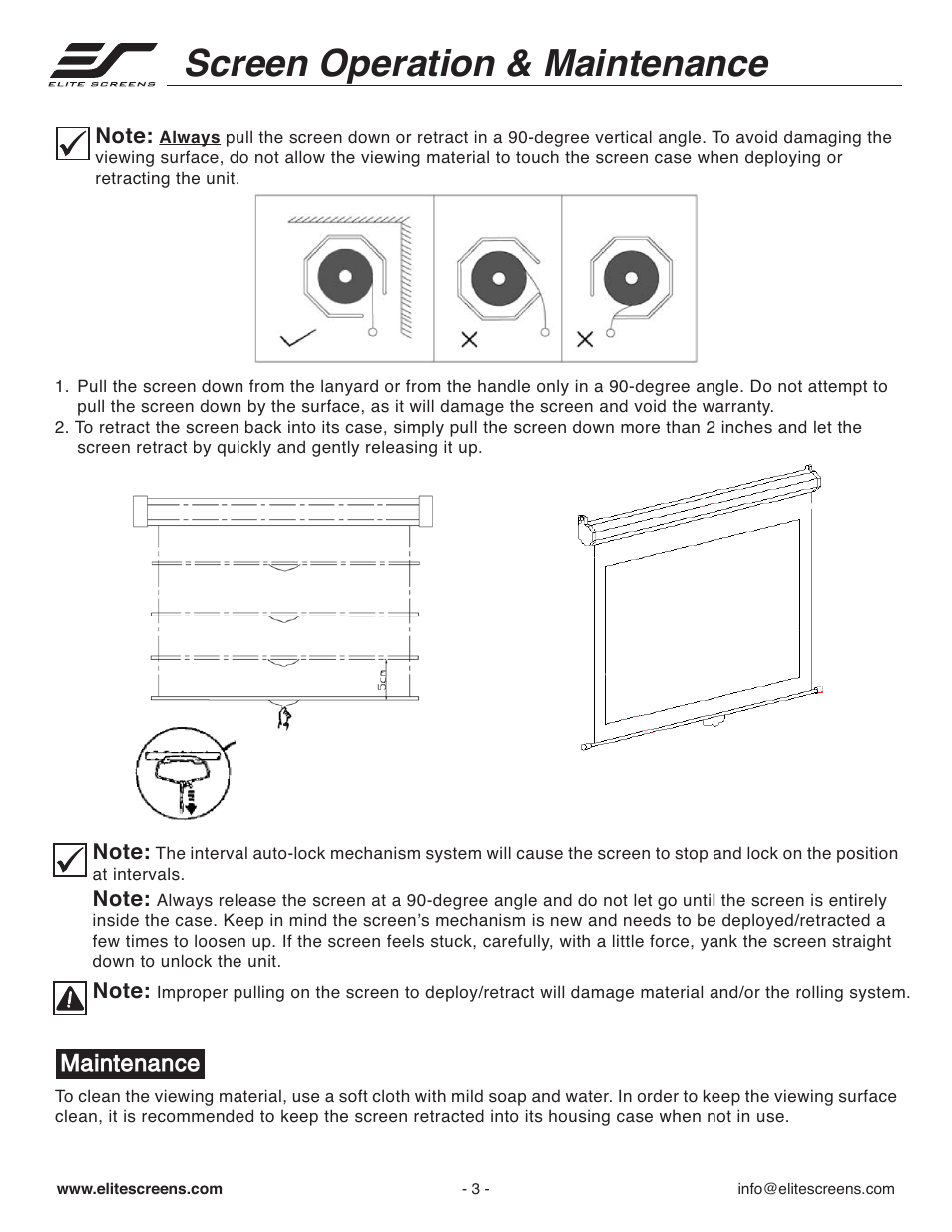 Ug_manual_p03, Screen operation & maintenance, Maintenance | Elite Screens 71120 User Manual | Page 3 / 8