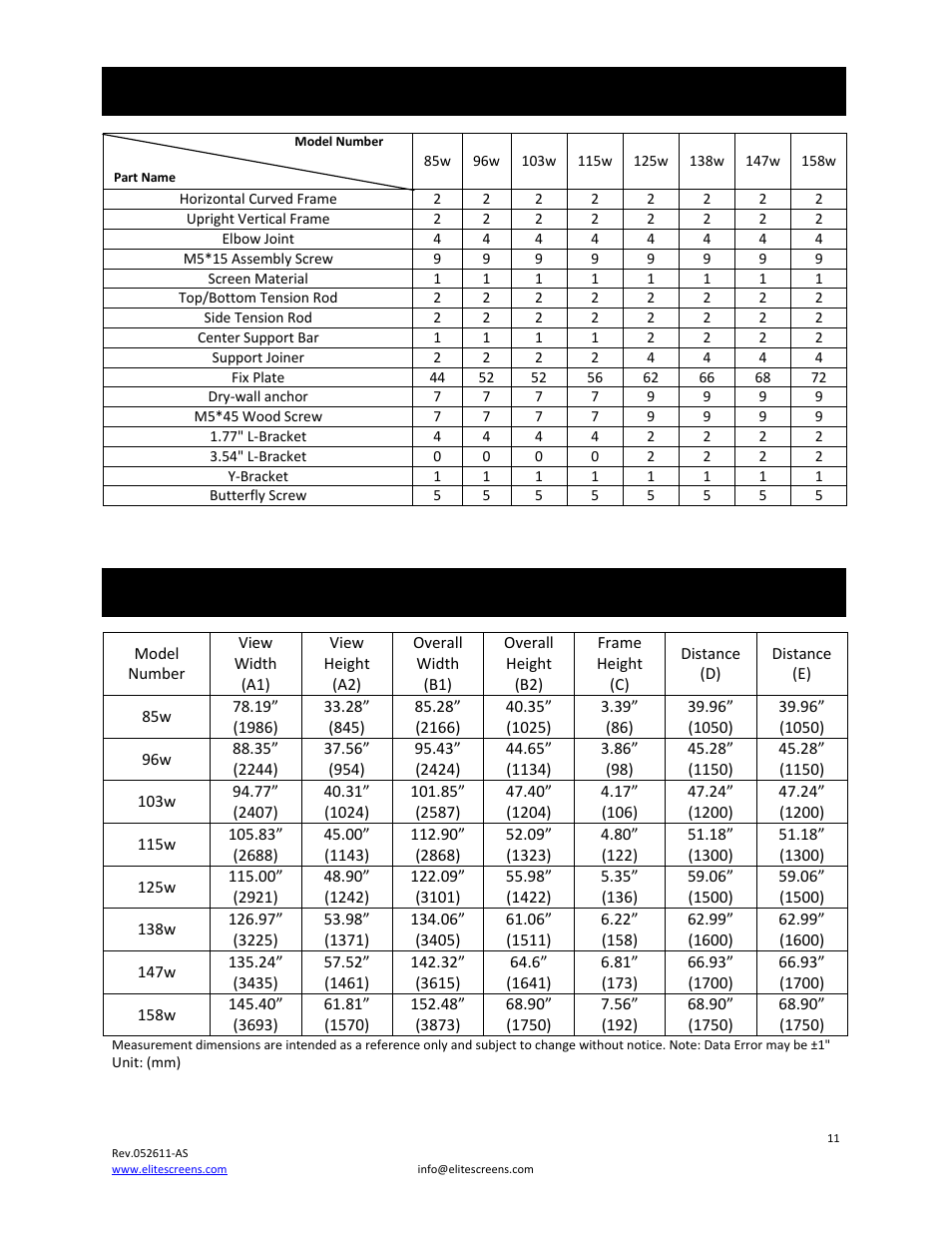 Model numbers parts list curve235, Dimensions of diagram on page 9 | Elite Screens 052611AS User Manual | Page 11 / 14