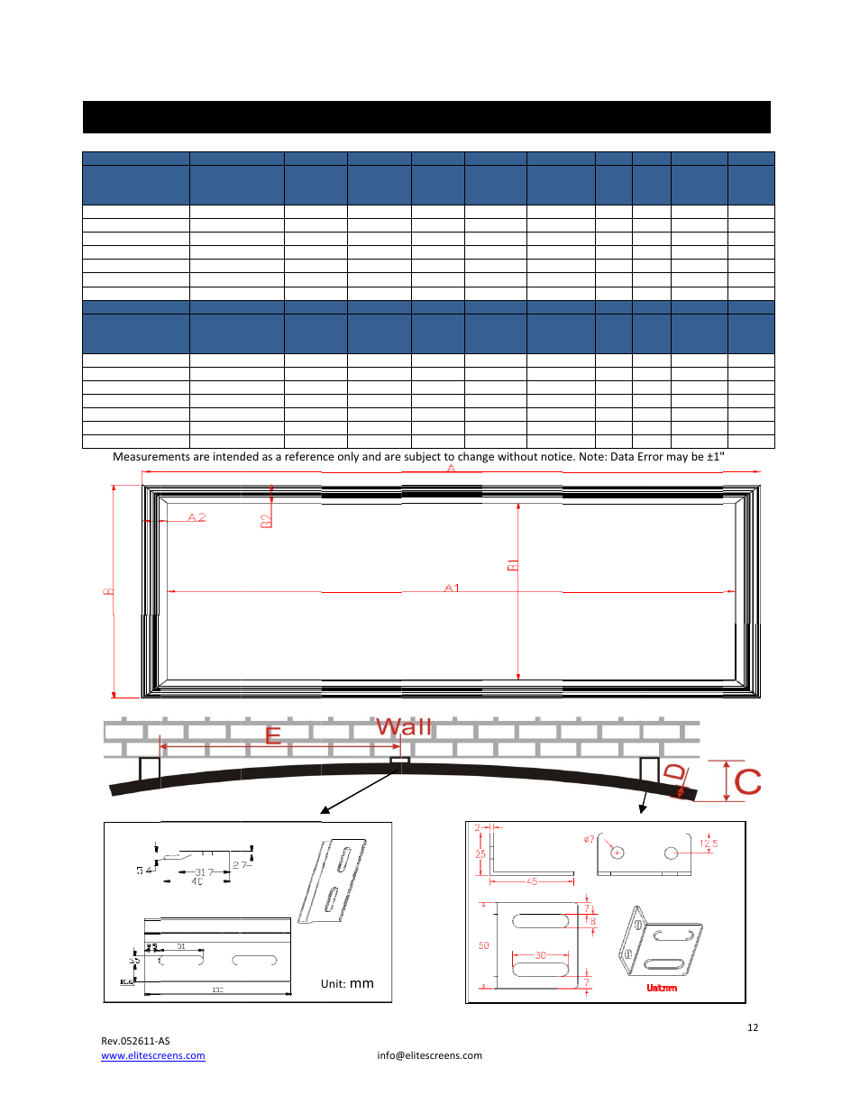 Lunette, Series, Dimens | Sion ta, Able 1 | Elite Screens 052611AS User Manual | Page 12 / 14