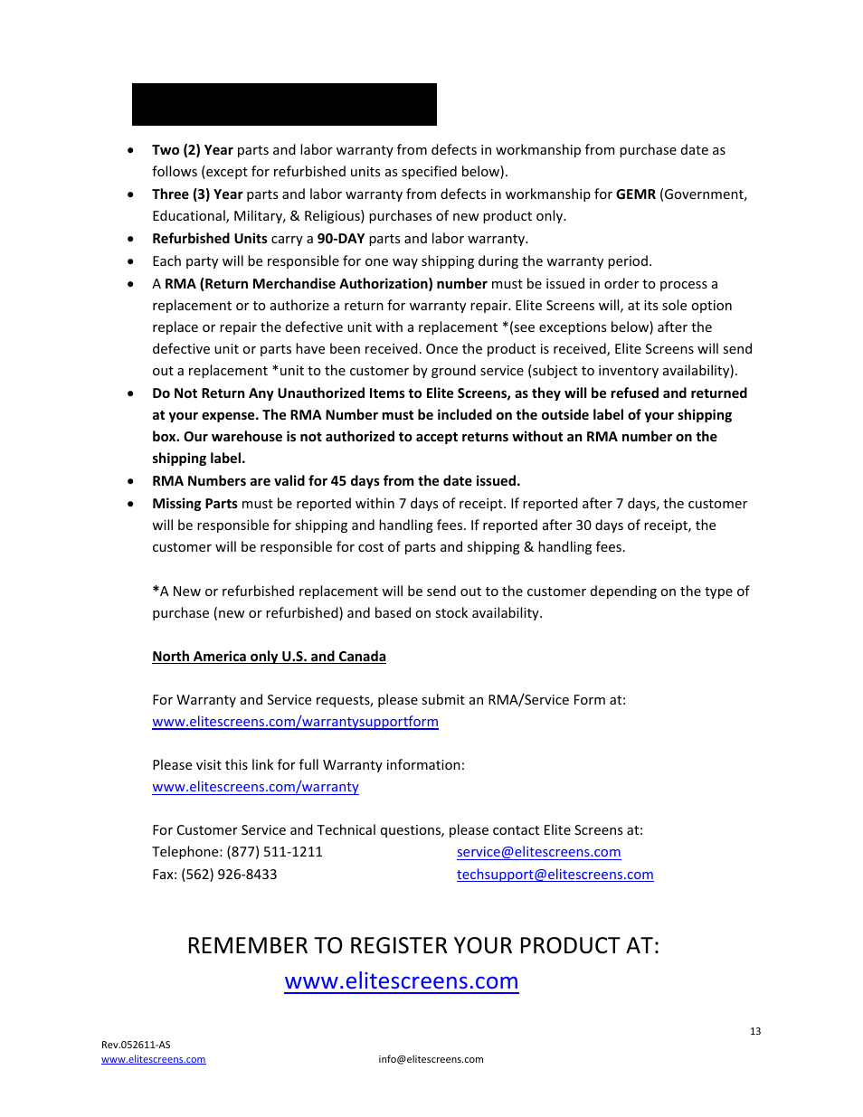 Warranty policy | Elite Screens 052611AS User Manual | Page 13 / 14