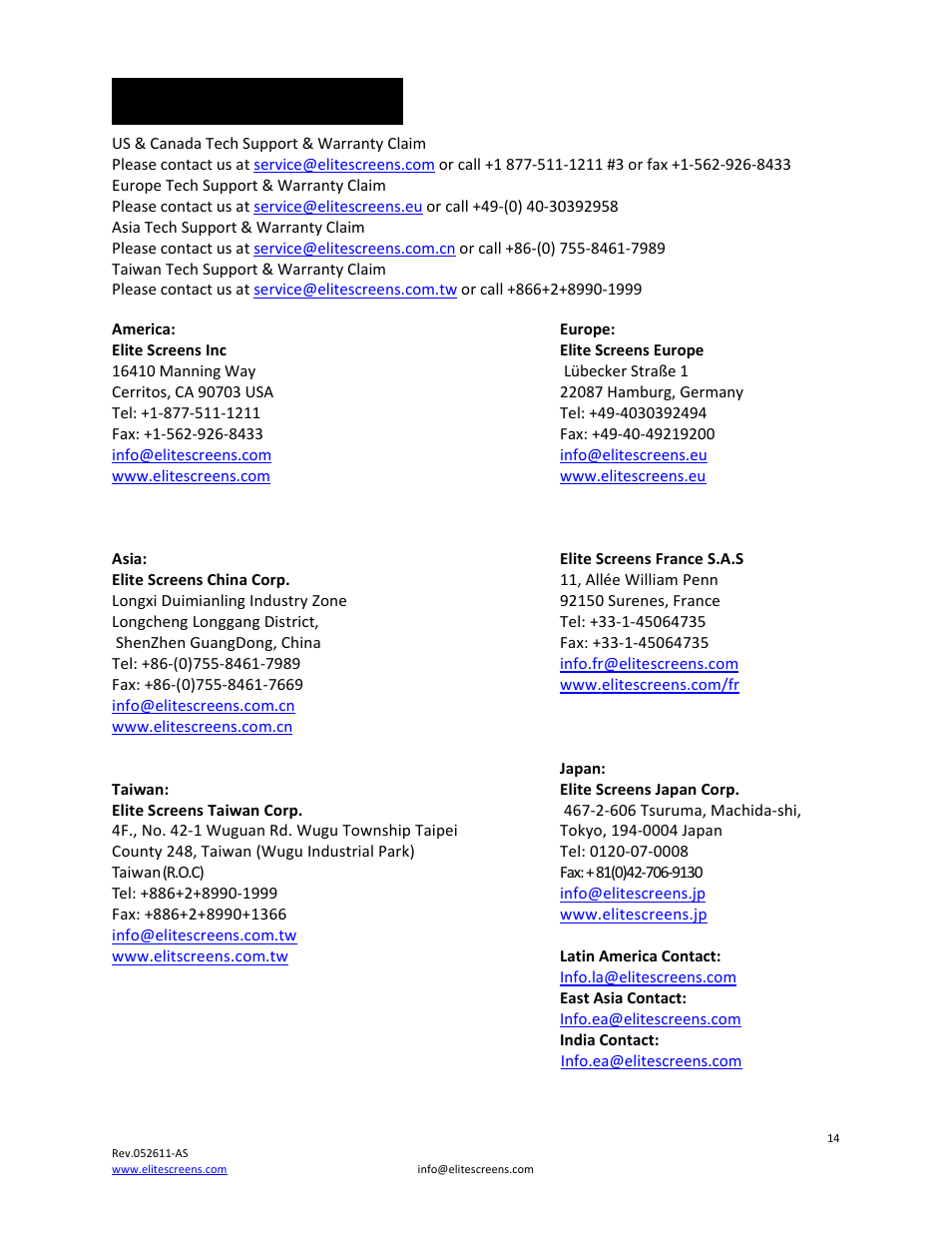 Contact info | Elite Screens 052611AS User Manual | Page 14 / 14