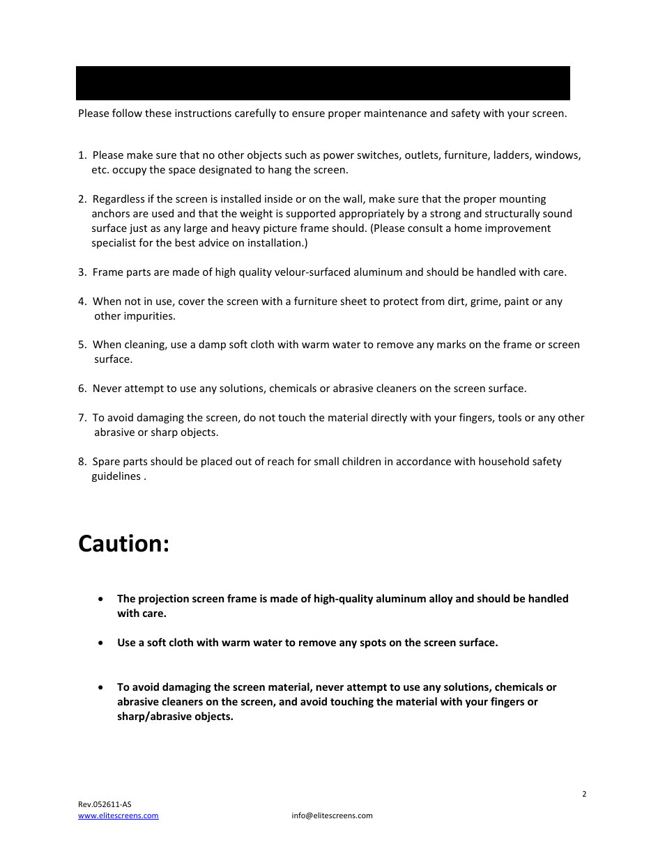 Caution, Important safety & warning precautions | Elite Screens 052611AS User Manual | Page 2 / 14