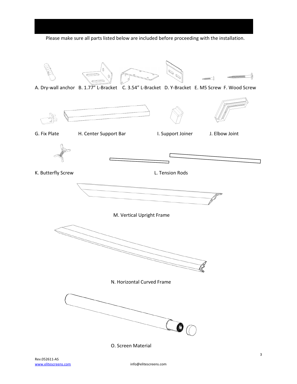 Parts list for the lunette series | Elite Screens 052611AS User Manual | Page 3 / 14