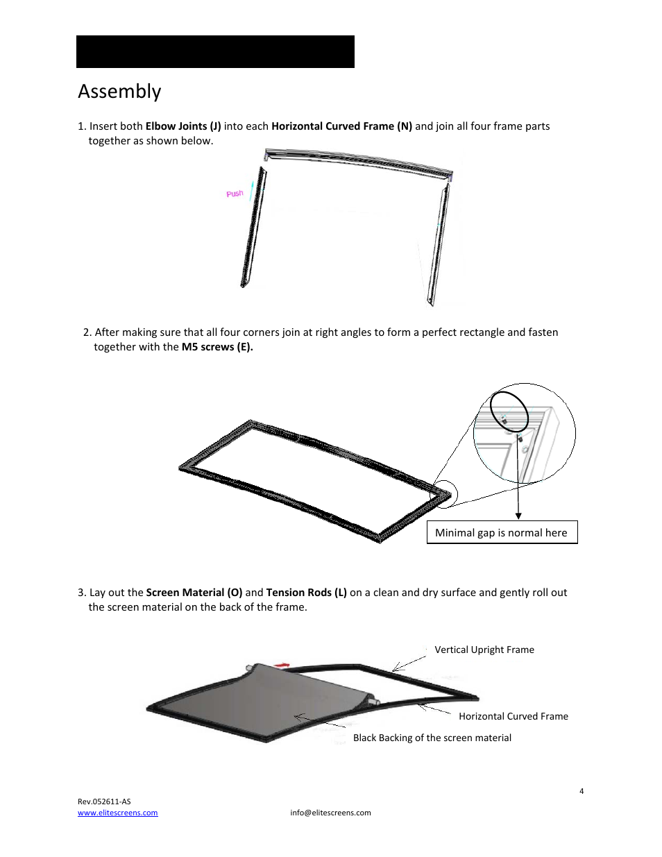 Assembly, Installation instructions | Elite Screens 052611AS User Manual | Page 4 / 14