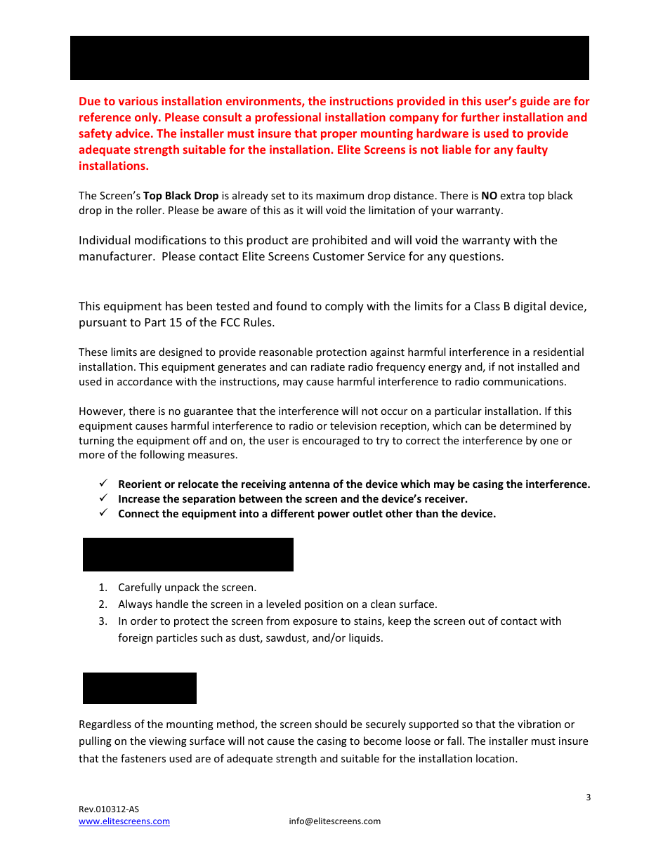 Installation warning | Elite Screens Spectrum User Manual | Page 3 / 10
