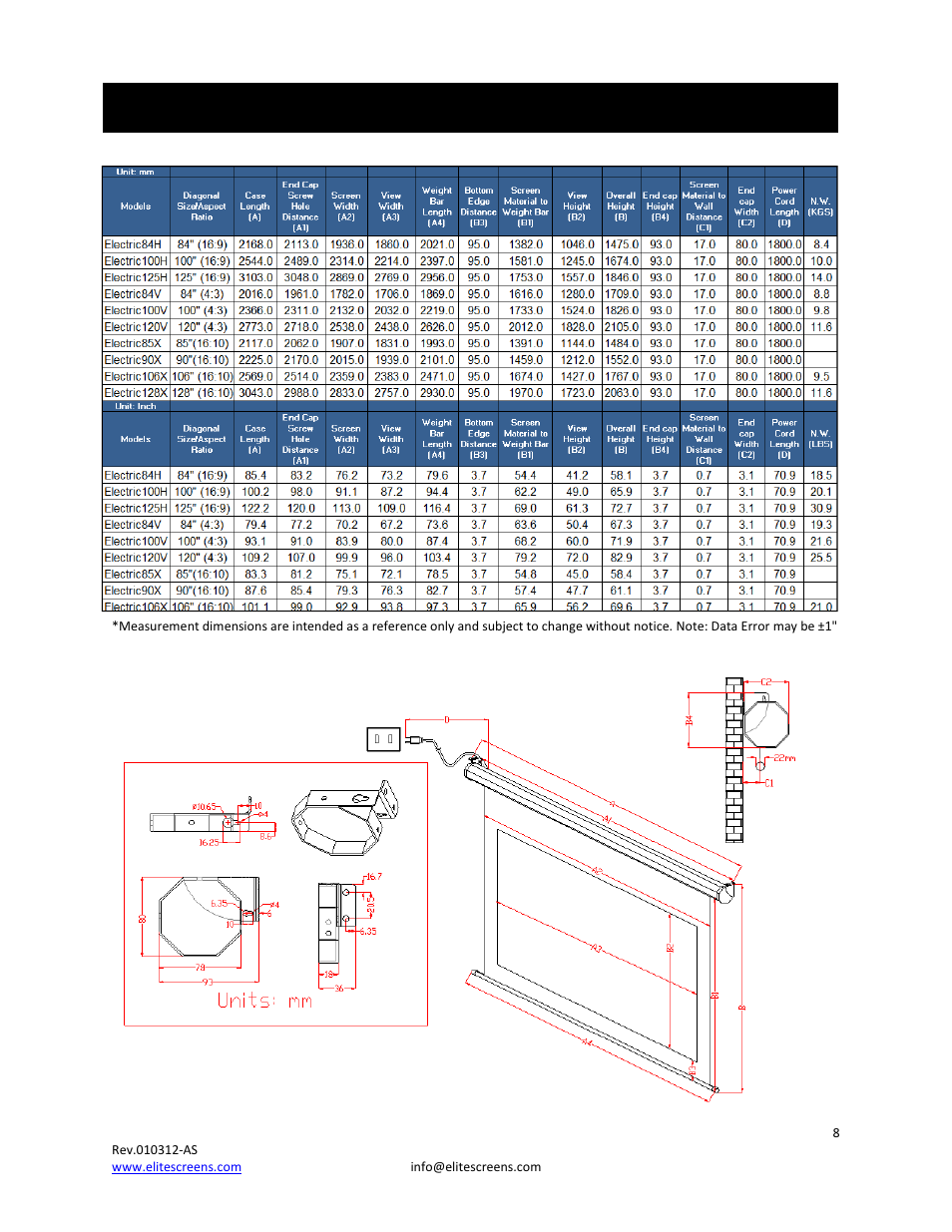 Spectrum series dimension table | Elite Screens Spectrum User Manual | Page 8 / 10