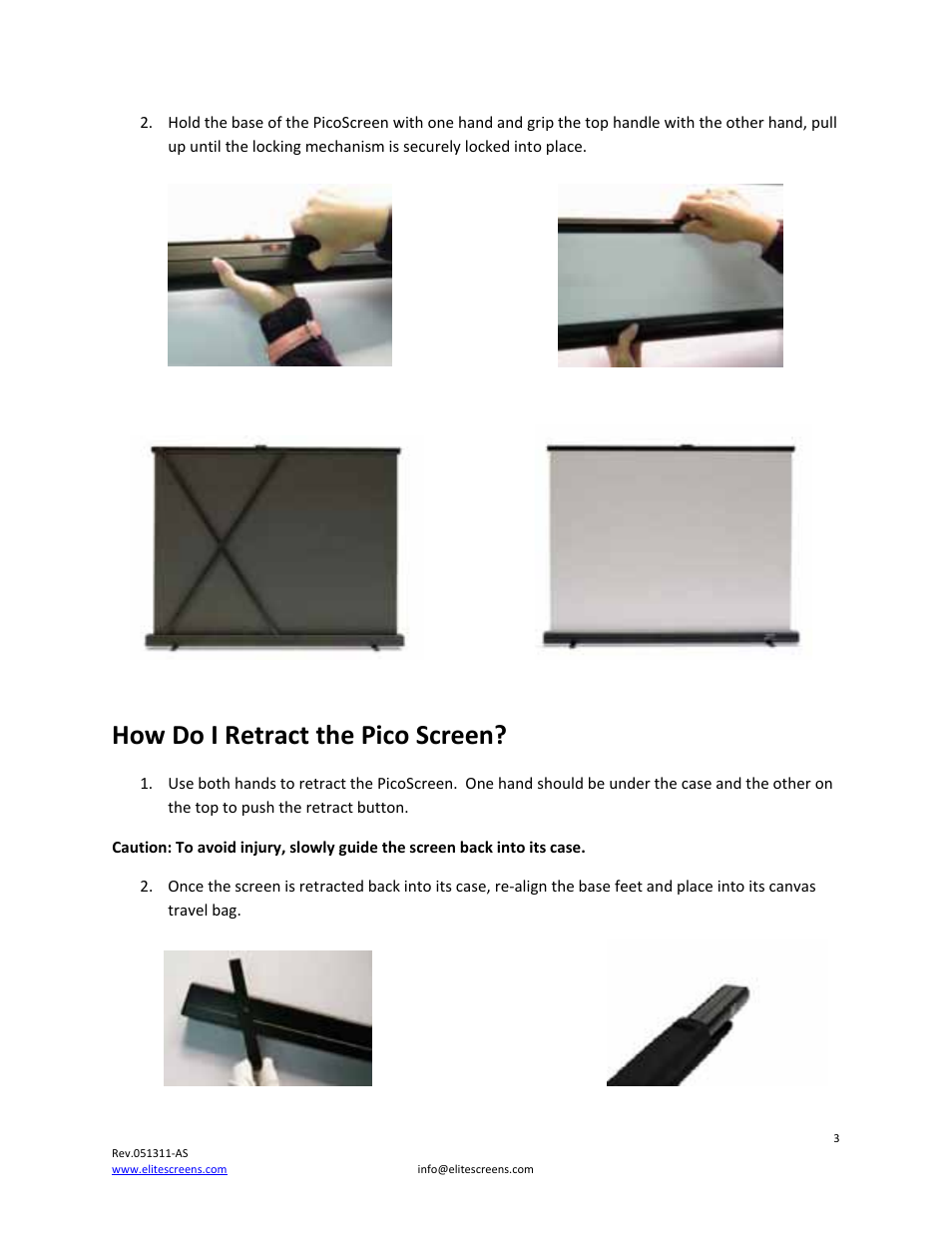 How do i retract the pico screen | Elite Screens Pico Screen User Manual | Page 3 / 6
