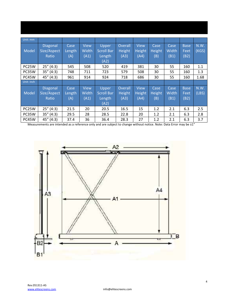 Picoscreen dimension table | Elite Screens Pico Screen User Manual | Page 4 / 6