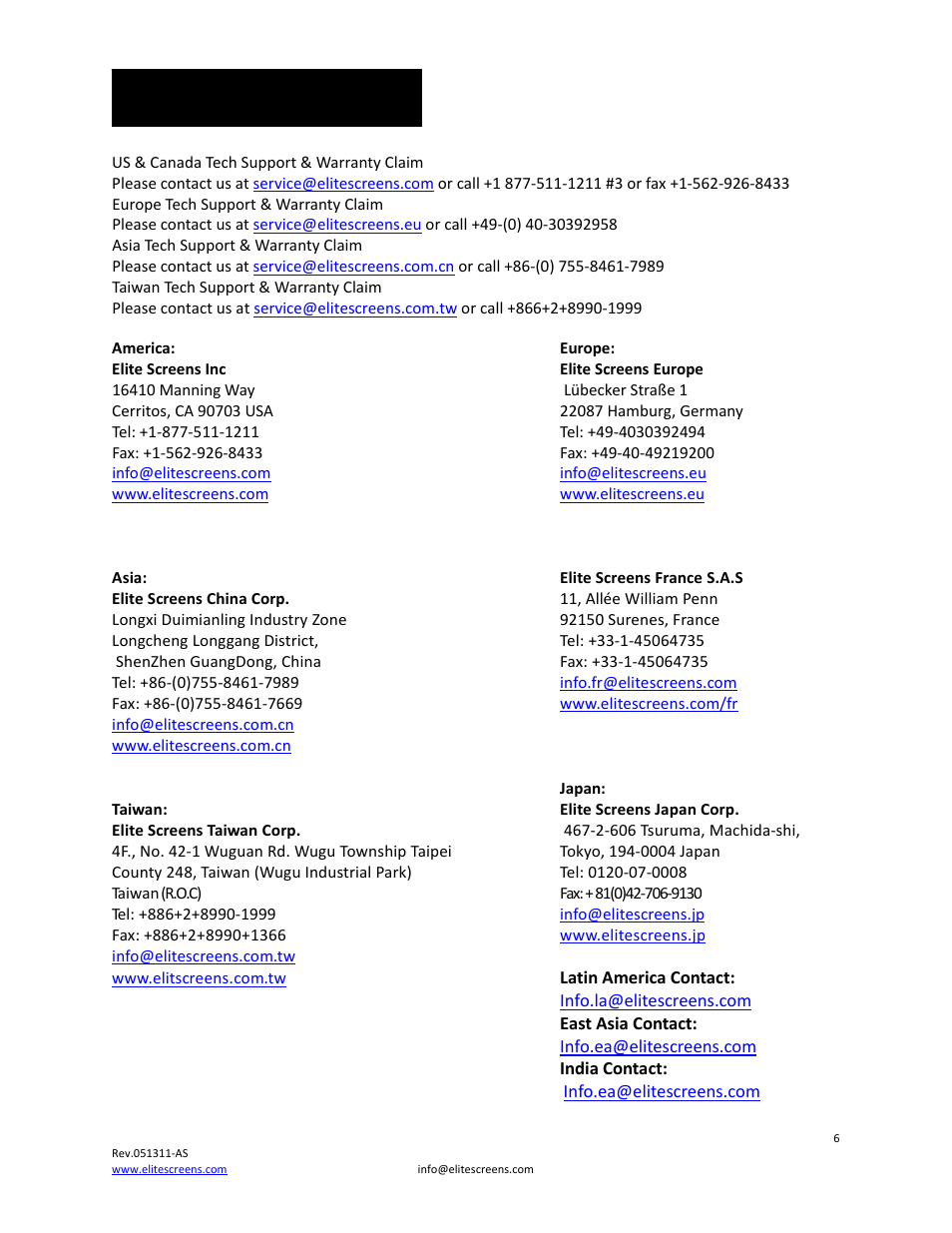 Contact info | Elite Screens Pico Screen User Manual | Page 6 / 6