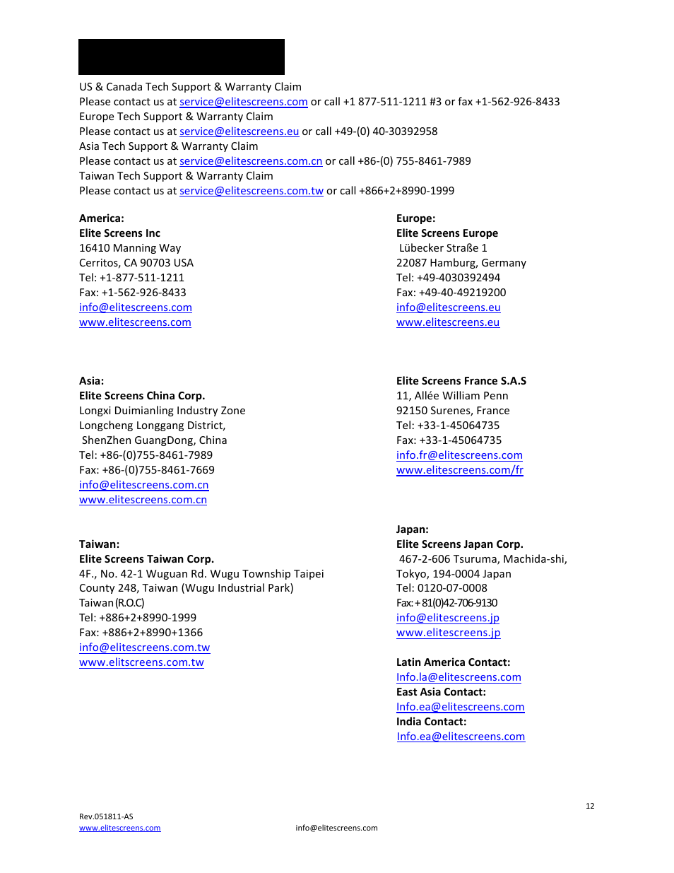 Contact info | Elite Screens 235 User Manual | Page 12 / 12