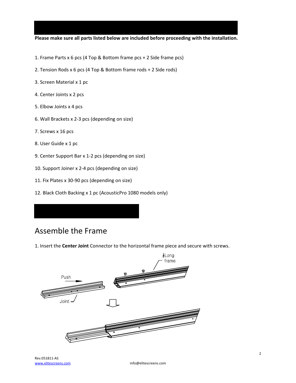 Assemble the frame | Elite Screens 235 User Manual | Page 2 / 12