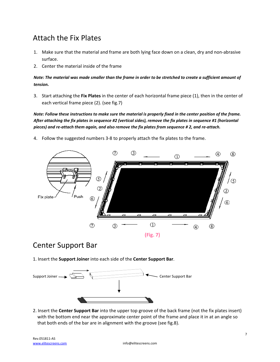 Attach the fix plates, Center support bar | Elite Screens 235 User Manual | Page 7 / 12