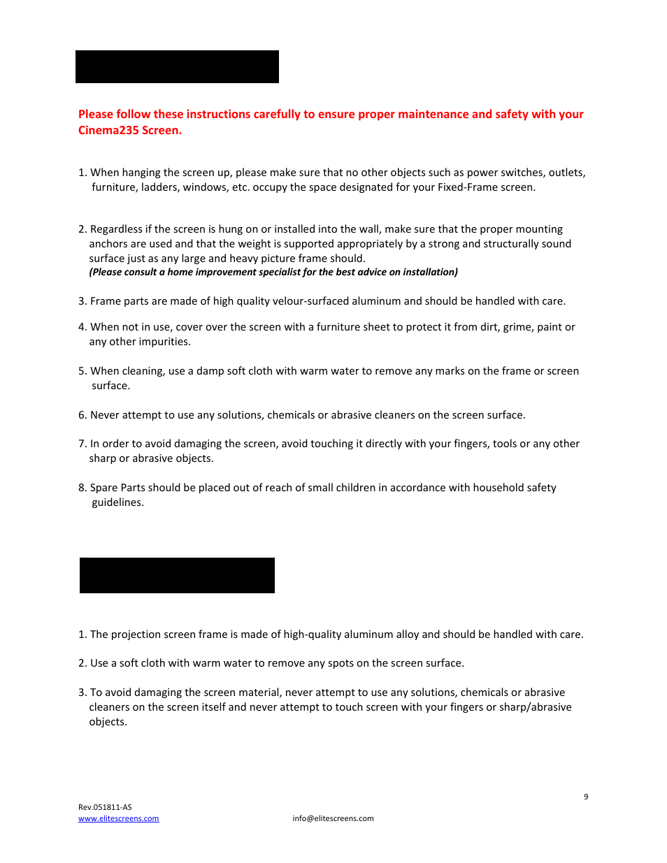 Caution warning | Elite Screens 235 User Manual | Page 9 / 12