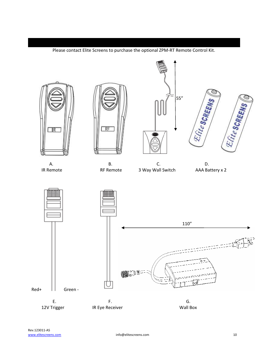 Zpm-rt optional remote, Rt optional remote control kit for powermax series, Control kit for powermax series | Elite Screens PowerMax User Manual | Page 10 / 16