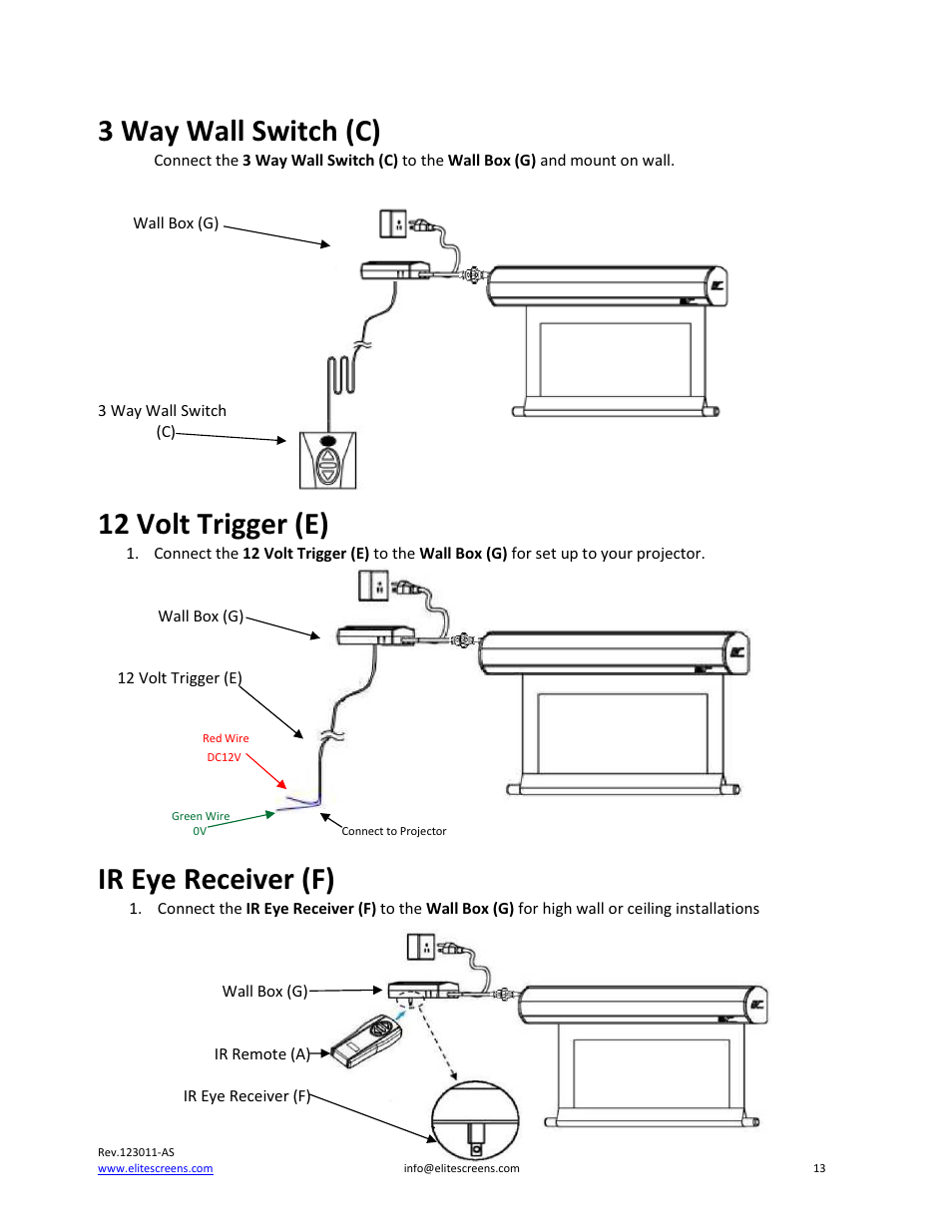 3 way wall switch (c), 12 volt trigger (e), Ir eye receiver (f) | Elite Screens PowerMax User Manual | Page 13 / 16