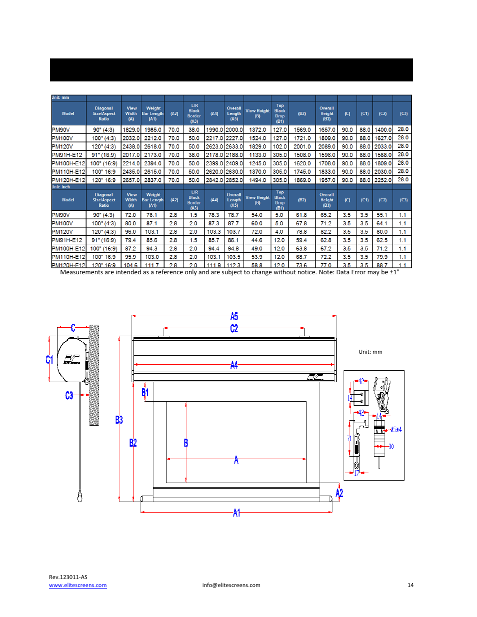 Powermax dimension table | Elite Screens PowerMax User Manual | Page 14 / 16