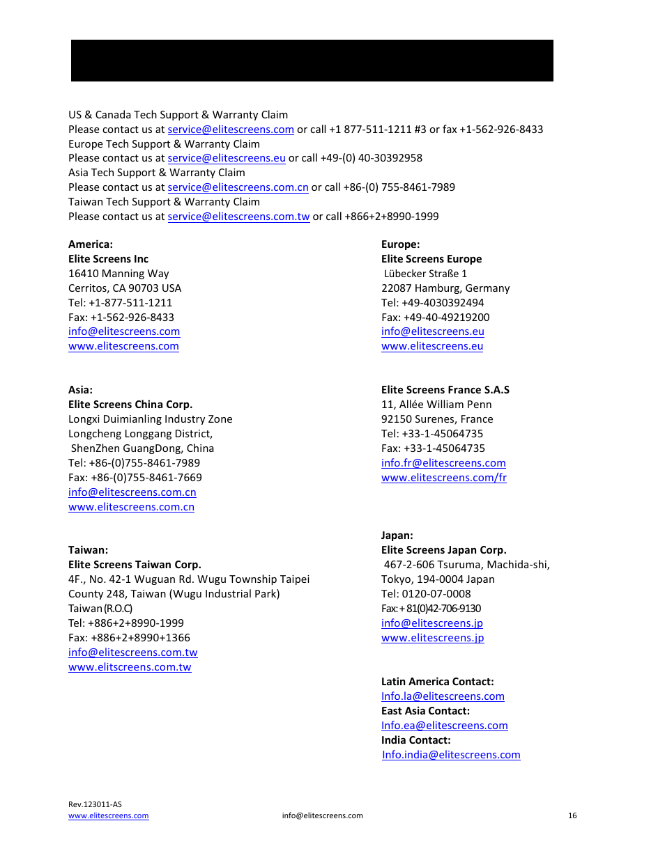 Contact information | Elite Screens PowerMax User Manual | Page 16 / 16