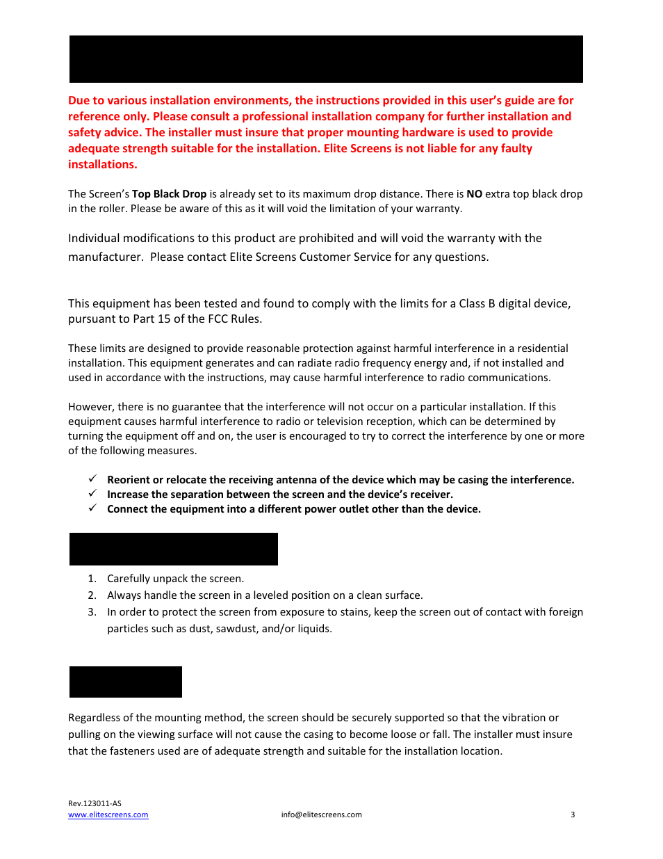 Installation warning | Elite Screens PowerMax User Manual | Page 3 / 16