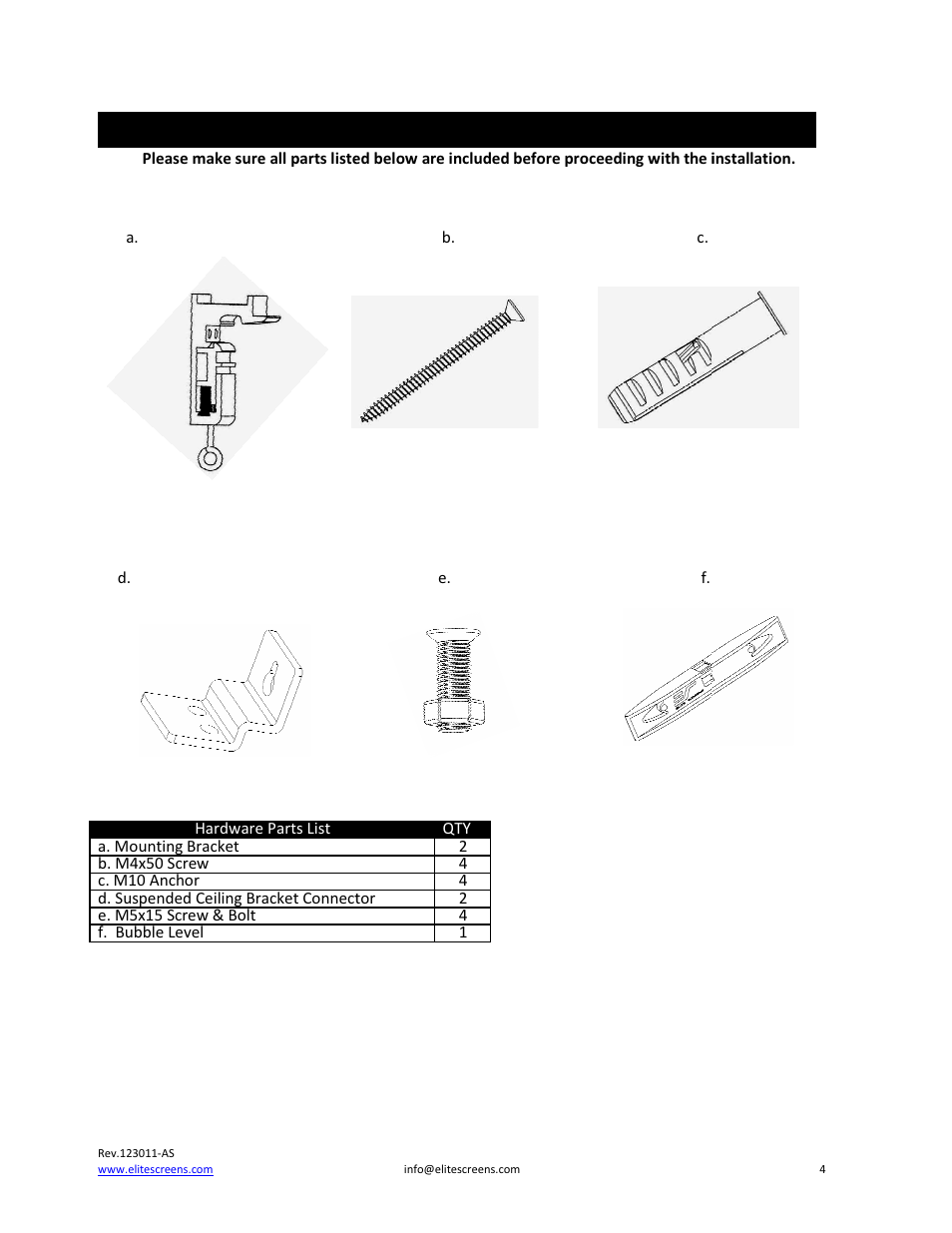 Hardware parts list for the powe, Hardware parts list for the powermax series, Rmax series 00 | Elite Screens PowerMax User Manual | Page 4 / 16