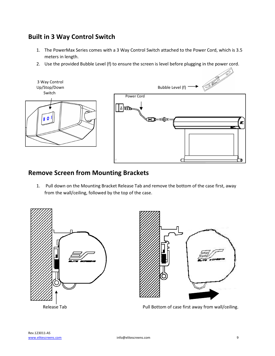 Built in 3 way control switch, Remove screen from mounting brackets | Elite Screens PowerMax User Manual | Page 9 / 16