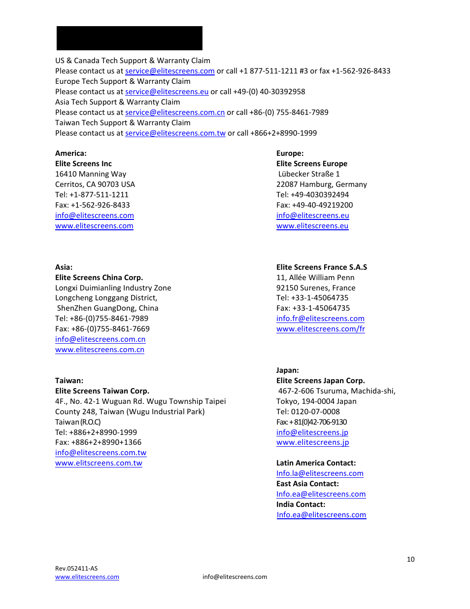 Contact info | Elite Screens REV.052411AS User Manual | Page 10 / 10