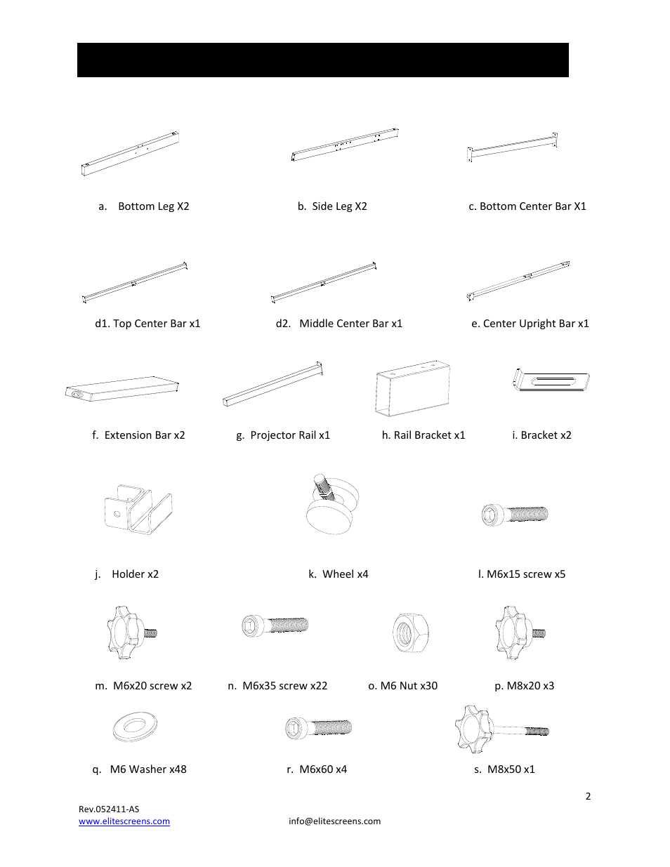 Parts list for universal mobile stand | Elite Screens REV.052411AS User Manual | Page 2 / 10