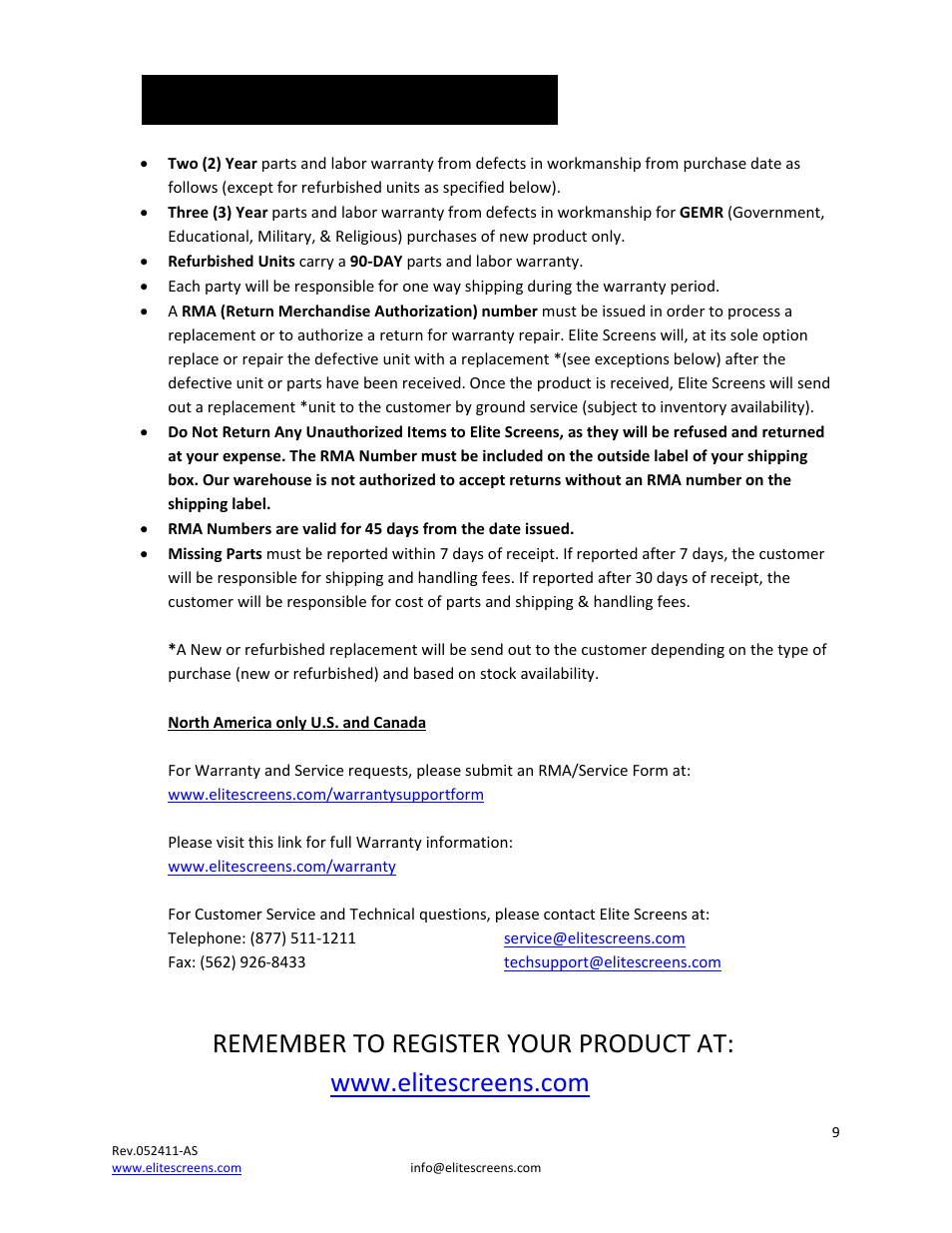 Warranty policy, Remember to register your product at | Elite Screens REV.052411AS User Manual | Page 9 / 10