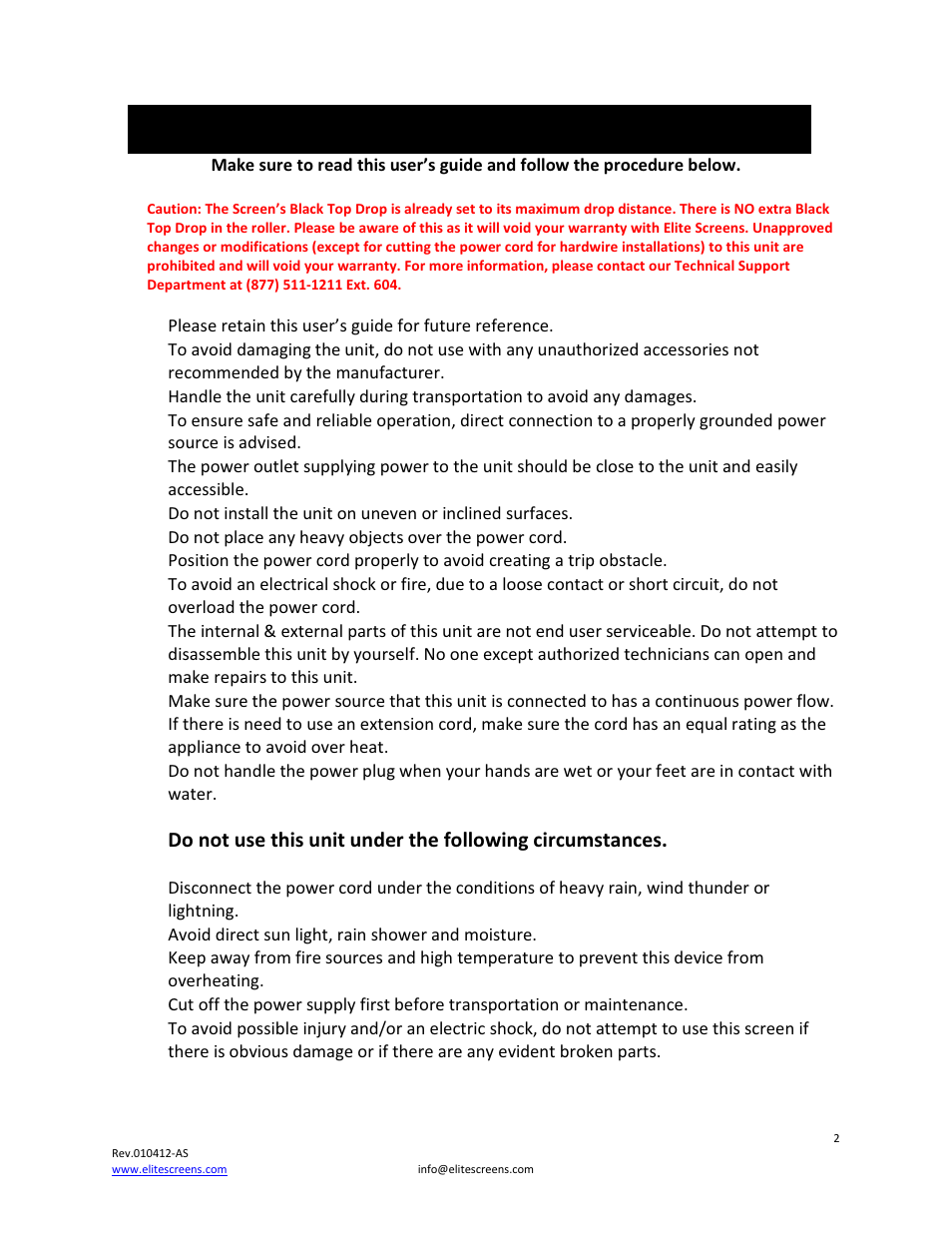 Important safety & warning precautions | Elite Screens Home2 User Manual | Page 2 / 10