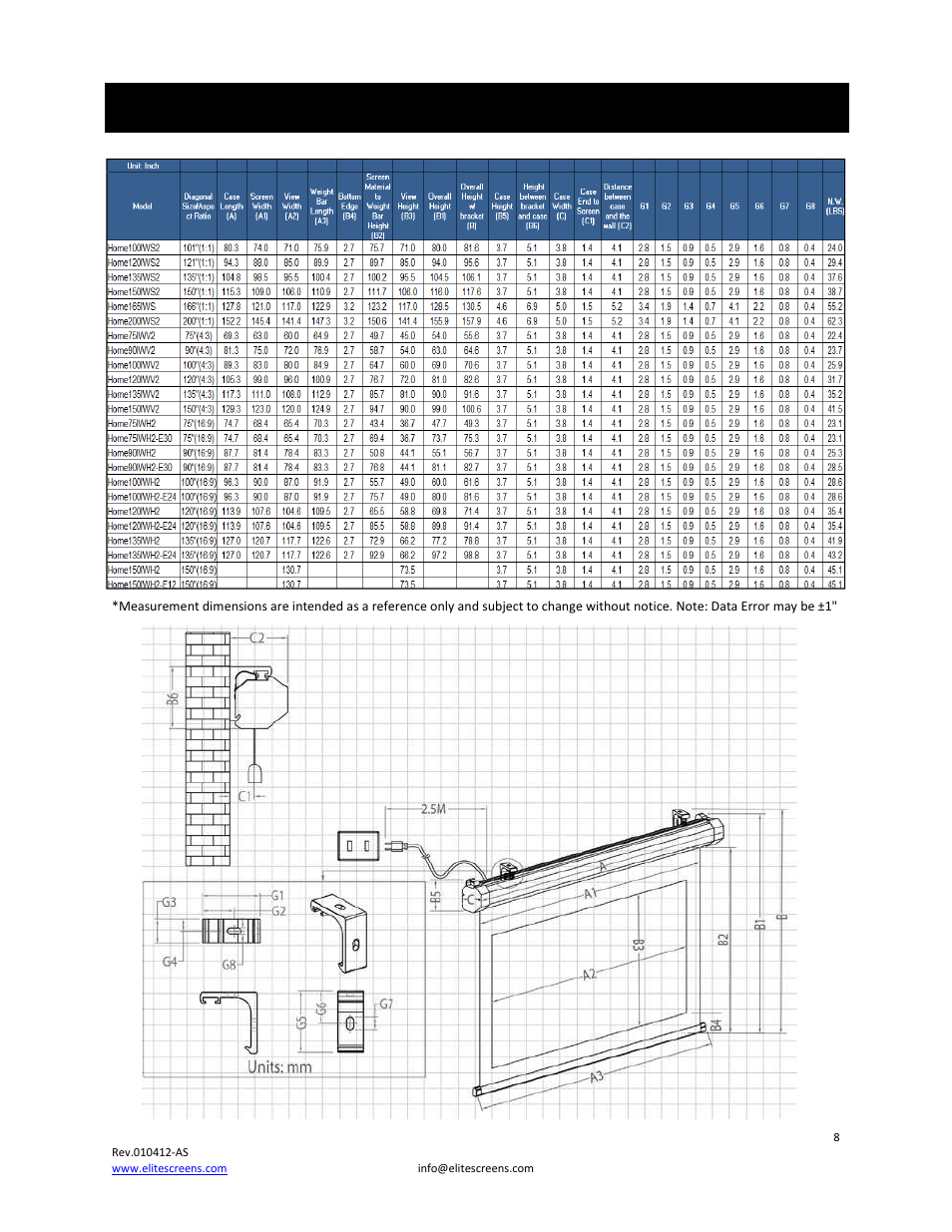 Home 2 dimension table | Elite Screens Home2 User Manual | Page 8 / 10