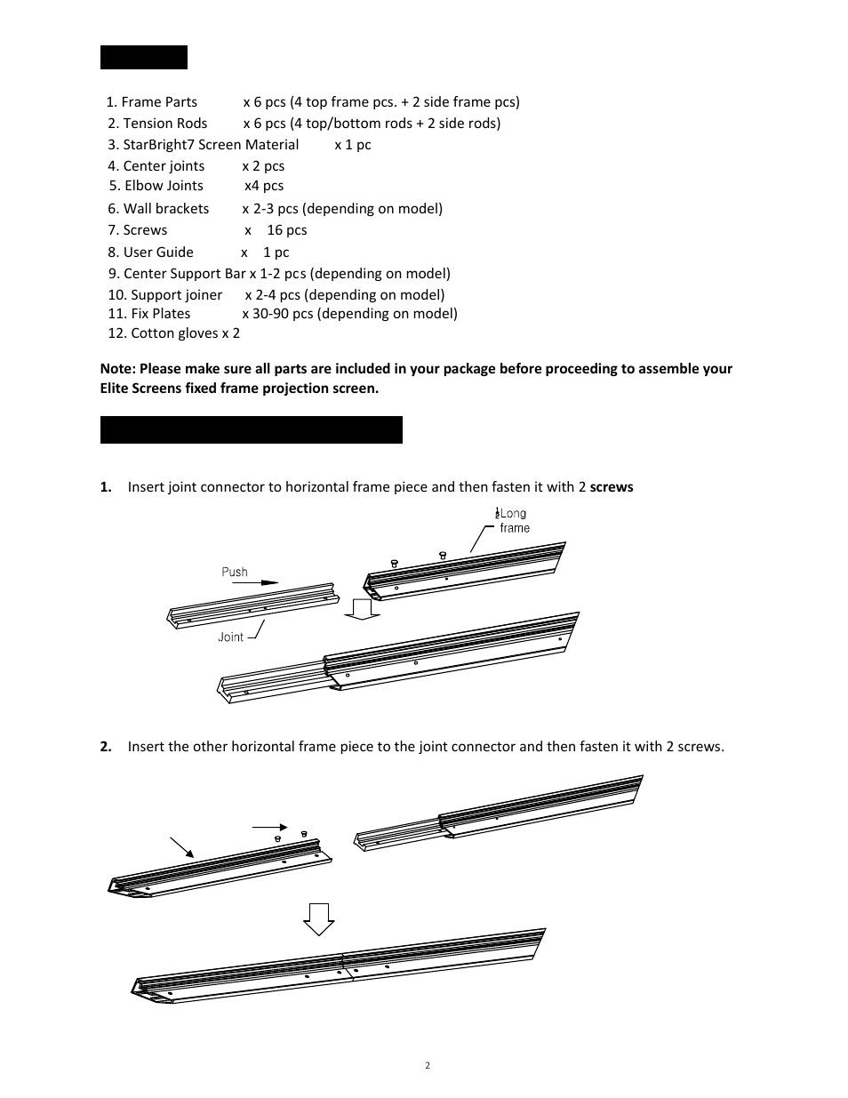 Assembling the frame, Parts list | Elite Screens 091709JA User Manual | Page 3 / 13