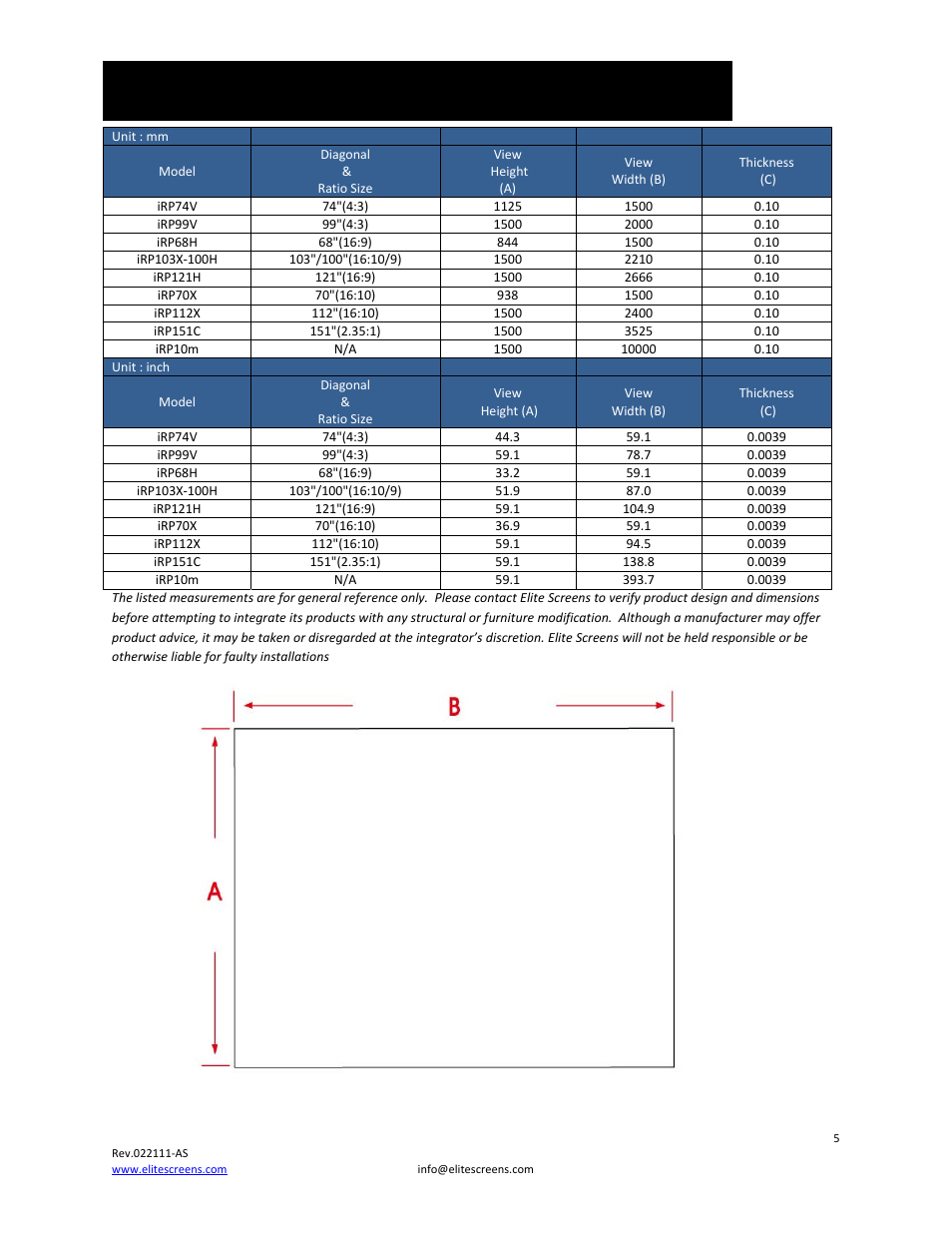 Insta-rp dimensions table | Elite Screens 022111AS User Manual | Page 5 / 7