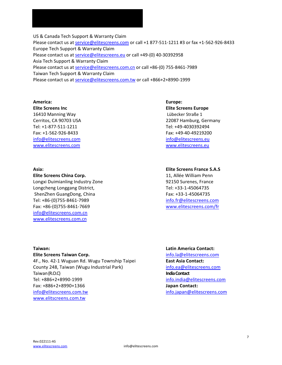 Contact info | Elite Screens 022111AS User Manual | Page 7 / 7