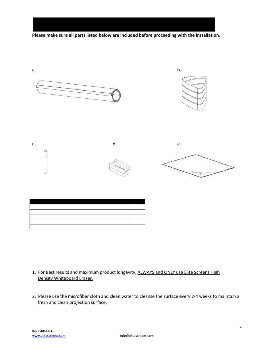 Parts list for the insta-dem screen | Elite Screens Insta-DEM User Manual | Page 2 / 6