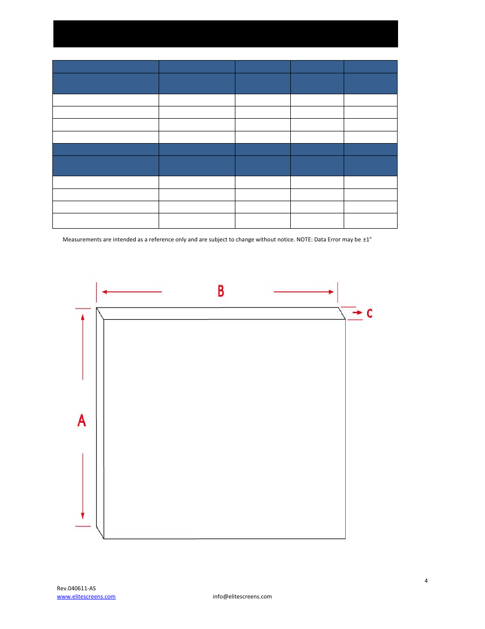 Insta-dem dimension table | Elite Screens Insta-DEM User Manual | Page 4 / 6