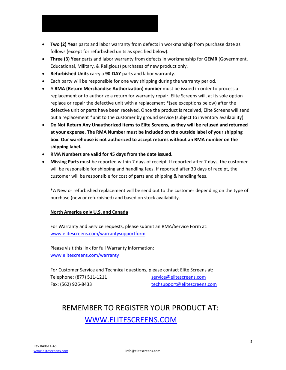 Warranty policy | Elite Screens Insta-DEM User Manual | Page 5 / 6