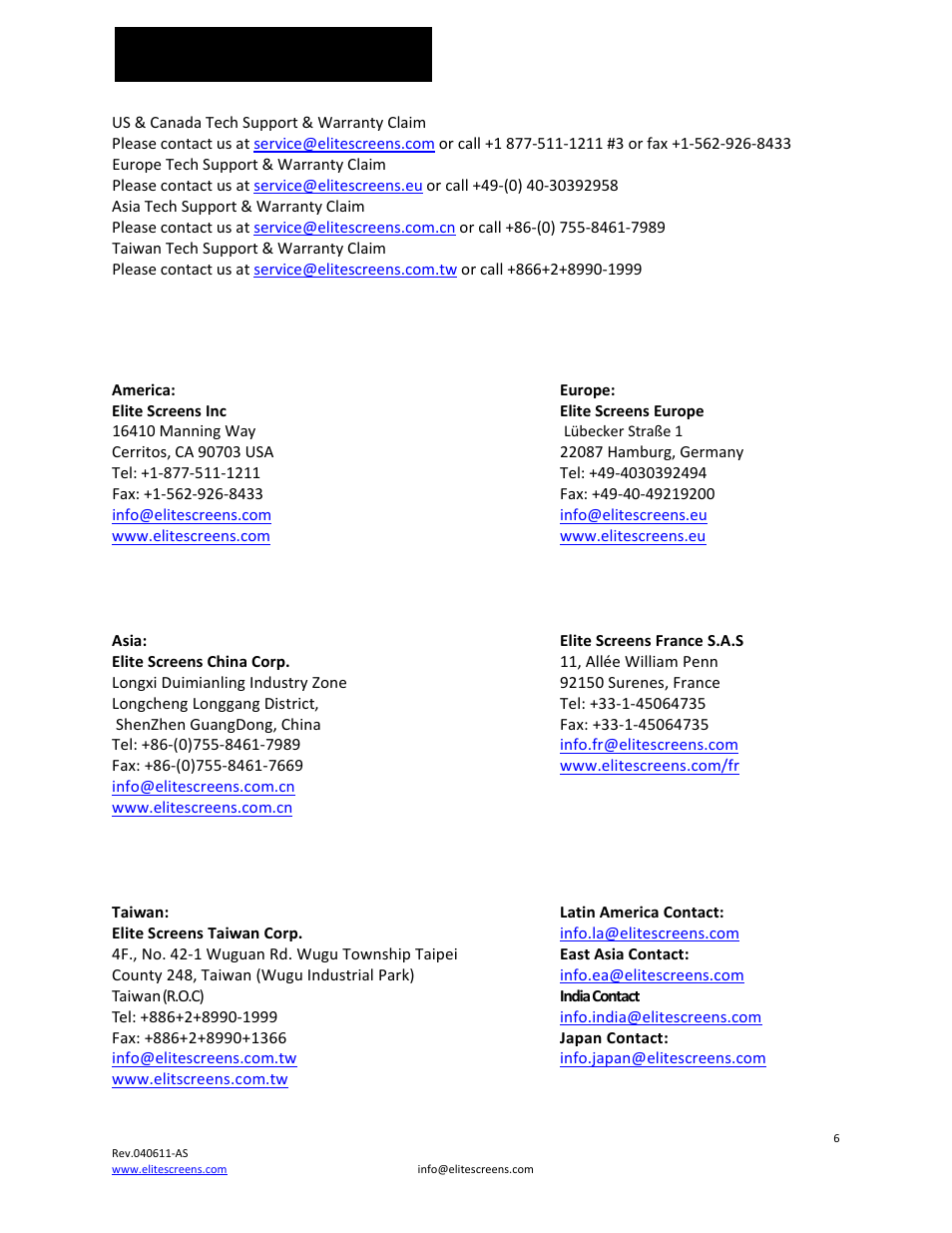 Contact info | Elite Screens Insta-DEM User Manual | Page 6 / 6