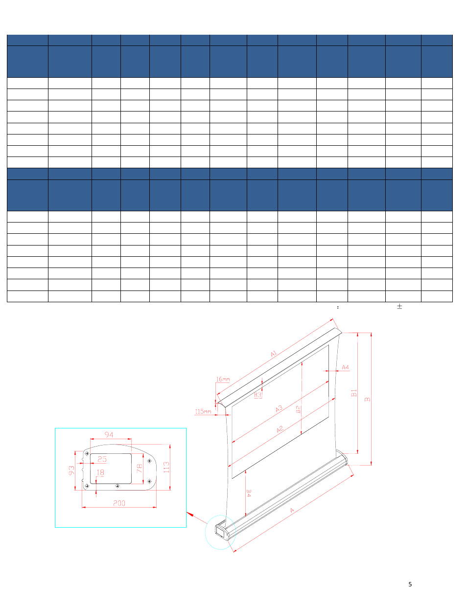 Kestrel tension series dimensions table | Elite Screens 062310-JA User Manual | Page 6 / 8