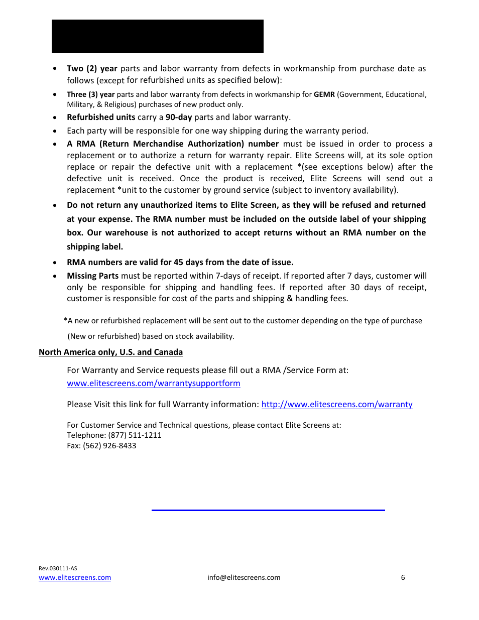 Warranty policy | Elite Screens A56-E25B2 User Manual | Page 6 / 7