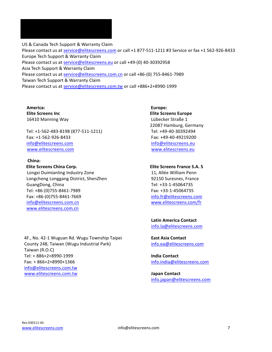 Contact info | Elite Screens A56-E25B2 User Manual | Page 7 / 7