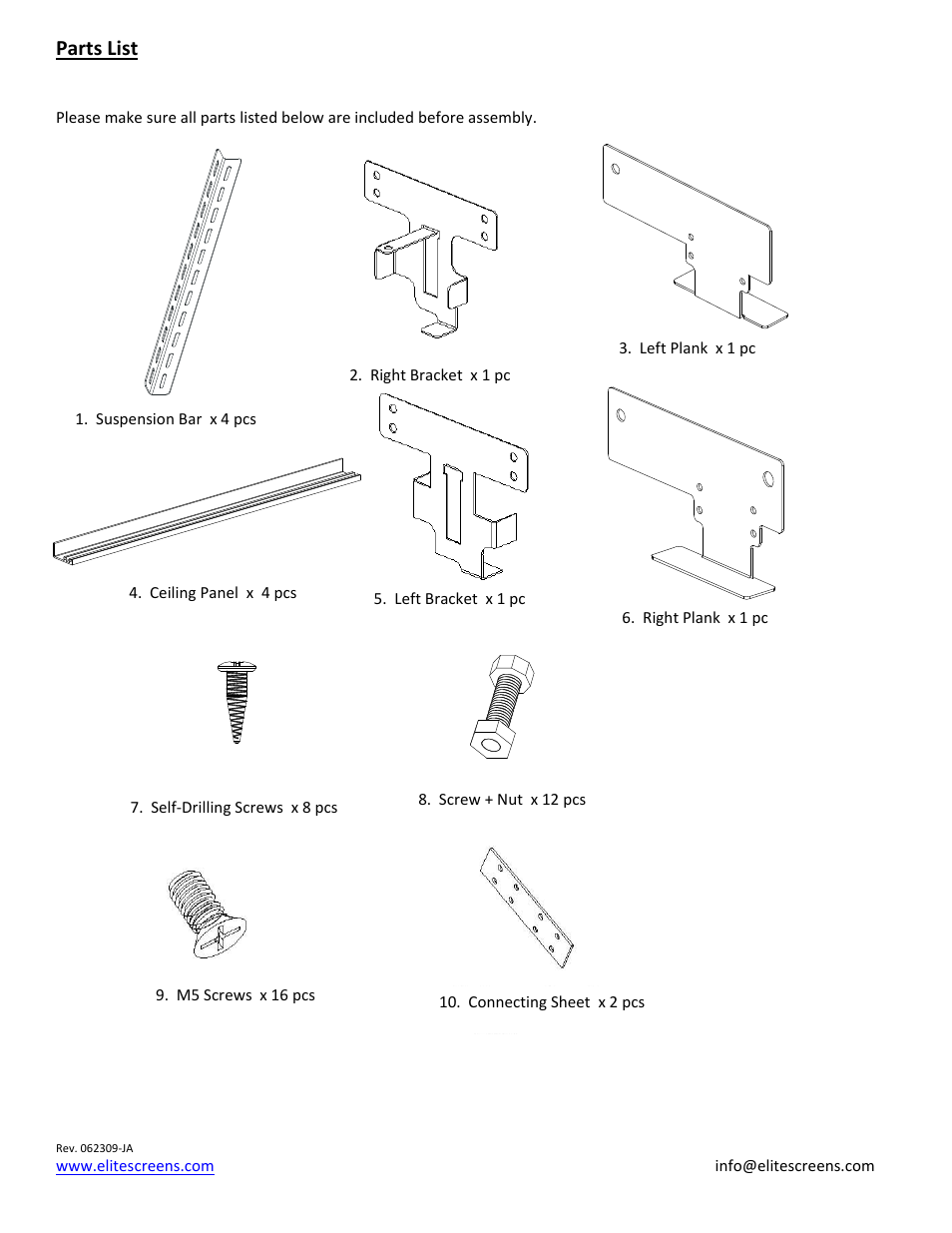 Parts list | Elite Screens HQ7160 User Manual | Page 2 / 8