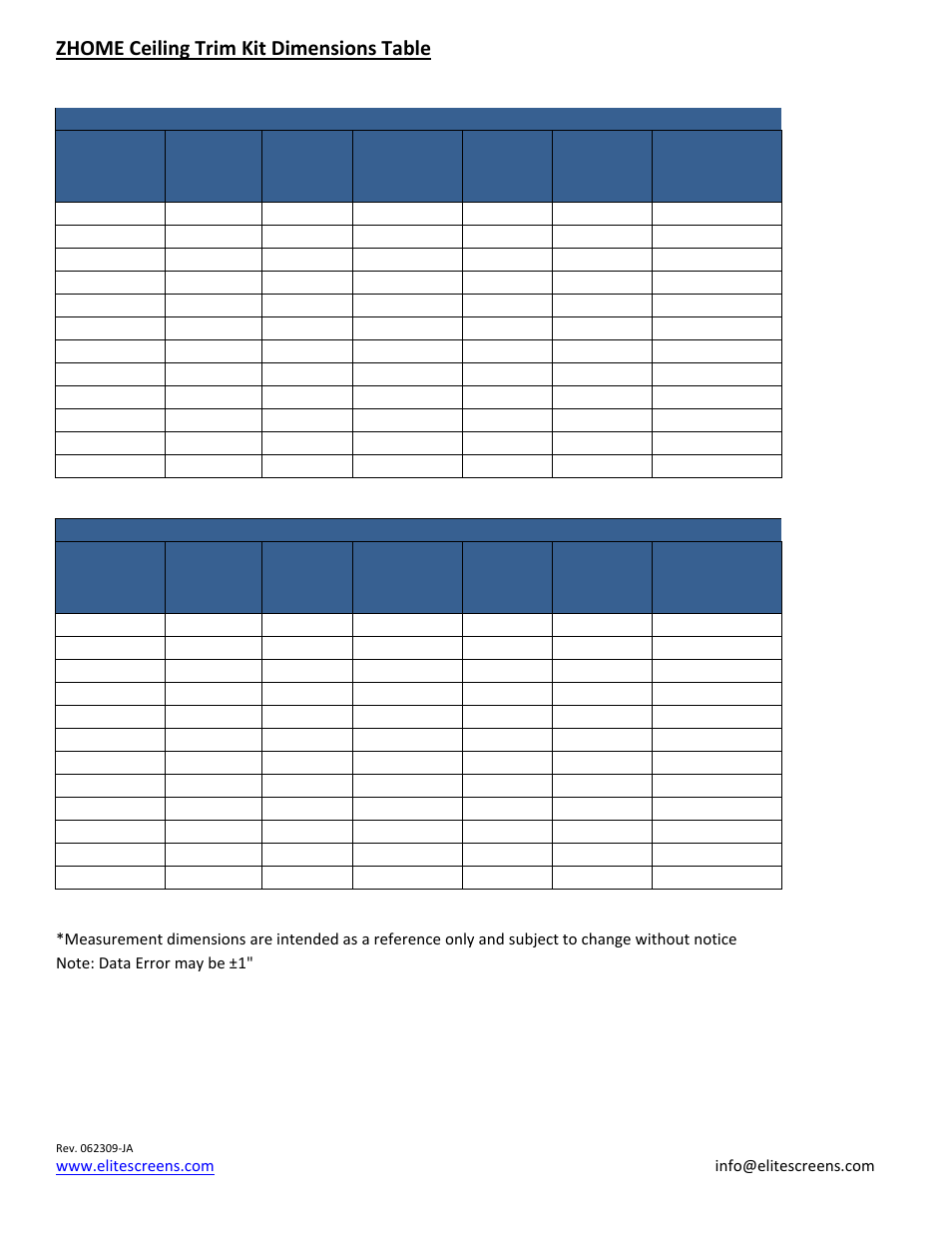 Zhome ceiling trim kit dimensions table | Elite Screens HQ7160 User Manual | Page 6 / 8