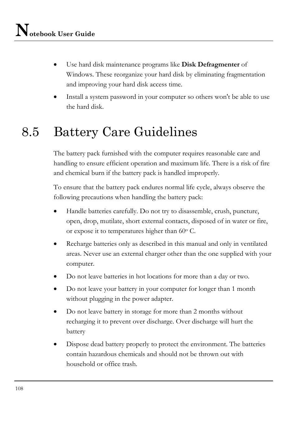 5 battery care guidelines | Everex VA4103 User Manual | Page 108 / 140