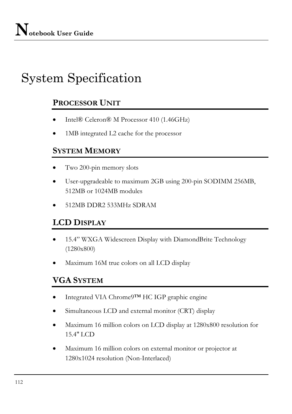 System specification, Processor unit, System memory | Lcd display, Vga system | Everex VA4103 User Manual | Page 112 / 140