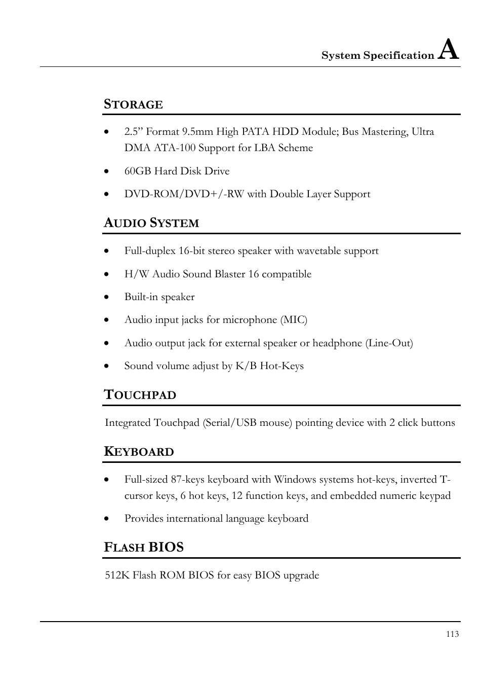 Storage, Audio system, Touchpad | Keyboard, Flash bios, Bios | Everex VA4103 User Manual | Page 113 / 140