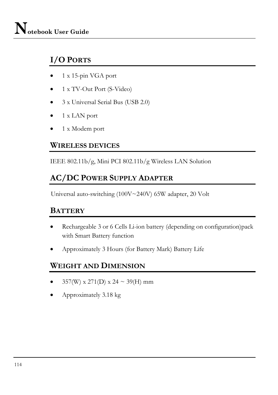 I/o ports, Wireless devices, Ac/dc power supply adapter | Battery, Weight and dimension, Ac/dc | Everex VA4103 User Manual | Page 114 / 140