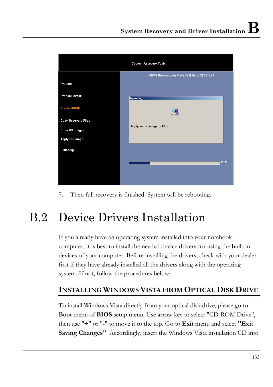 B.2 device drivers installation, Installing windows vista from optical disk drive | Everex VA4103 User Manual | Page 133 / 140