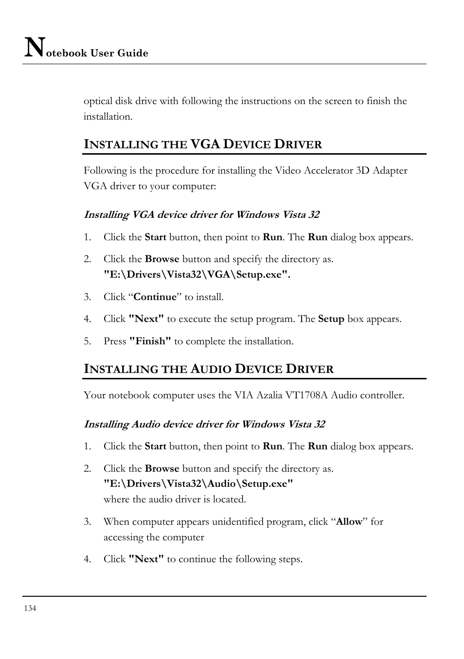 Installing the vga device driver, Installing vga device driver for windows vista 32, Installing the audio device driver | Everex VA4103 User Manual | Page 134 / 140